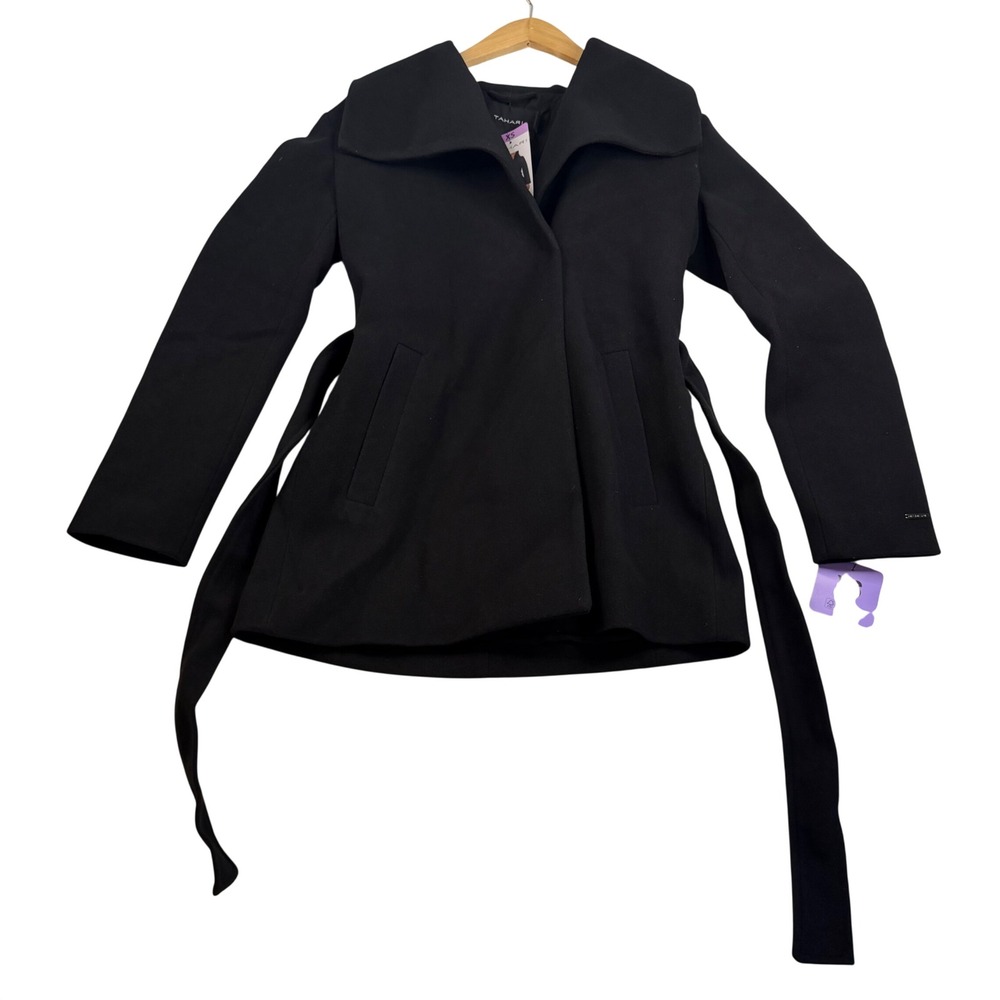 Tahari Womens Black Shawl Collar Belted Wrap Coat XS New With Tags